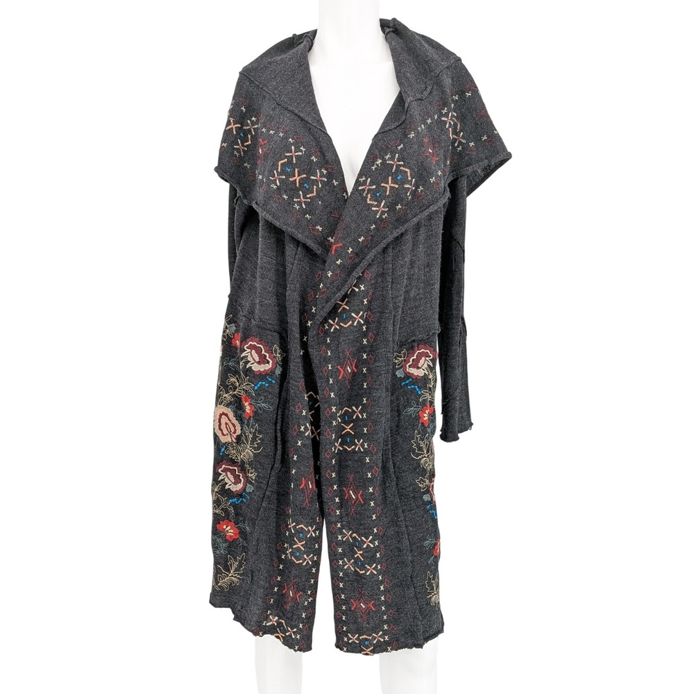 Embroidered Floral Hooded Duster Cardigan Open Front Boho Art to Wear Y2K Small